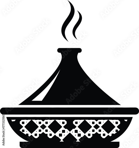 Stylized black and white icon of a steaming tagine pot