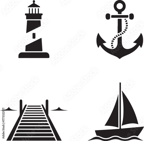 Nautical Icons Lighthouse, Anchor, Pier, Sailboat