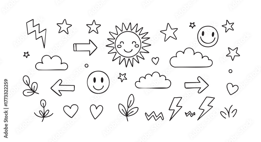 Obraz premium Black and white doodles collection including cloud heart star leaf arrows