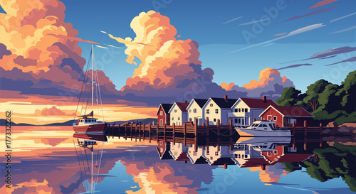 Serene coastal village with traditional wooden houses and boats perfectly reflected in the water during a vibrant, cloudy sunset