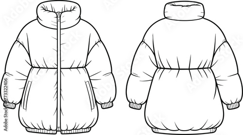 Puffer coat, fashion sketch, technical drawing, front view, back view, high collar, ribbed cuff, zipper closure, cinched waist, garment design