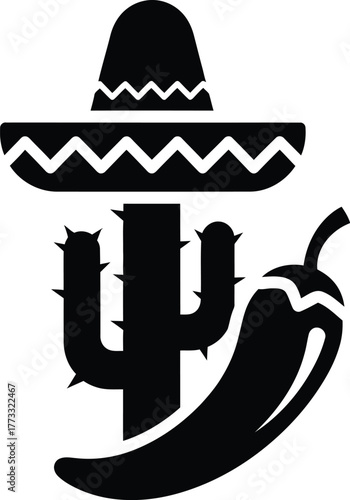 Mexican fiesta icon sombrero cactus and chili pepper