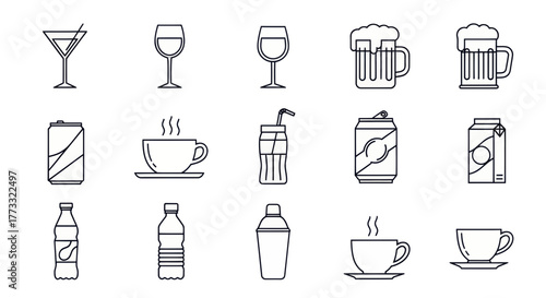 Line art illustration of various drinks, including cocktails, beer, coffee, juice, and soda.