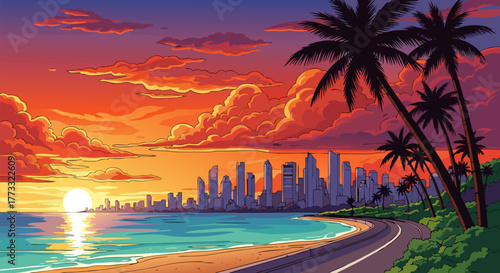 Tropical sunset illuminates coastal city, with palm trees lining beach and winding road, a picturesque digital illustration