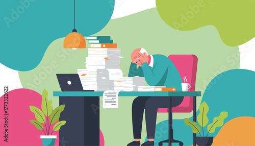 Senior man stressed by huge paperwork pile and office workload Burnout concept