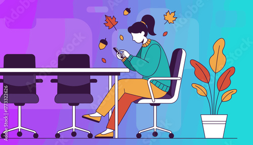 Fall business concept Woman uses mobile phone in an office meeting room Vector illustration