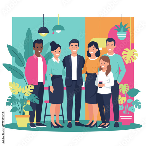 Diverse business team smiling together in a modern plantfilled office or coworking space