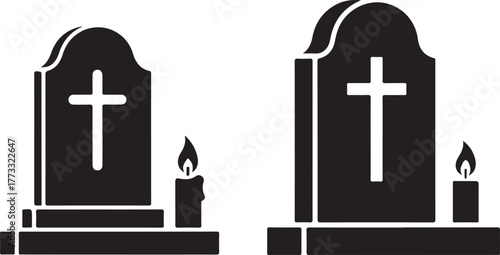 Tombstone with cross and burning candle icon Grave marker silhouette with lighted candle

Cross on tombstone memorial vector icon

Funeral icon black silhouette of a gravestone