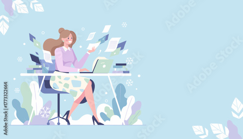 Professional woman happily managing documents and workload at her office desk Flat illustration