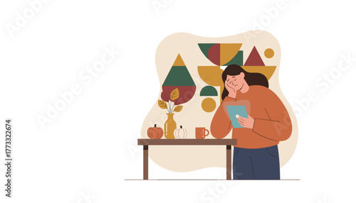 Upset woman holds tablet in cozy autumn home setting concept of stress or seasonal blues