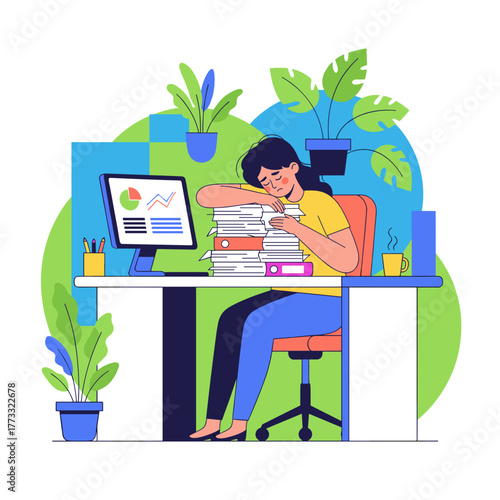 Exhausted businesswoman sleeping on a huge stack of paperwork at her office desk Burnout and stress concept