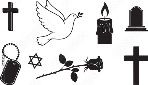 Remembrance and memorial icon set with candle Mourning symbols collection for loss and grief

Peace dove and candle memorial graphics