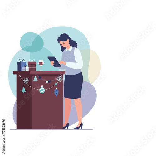 Professional woman works on a tablet at a holiday party counter with gifts and wine