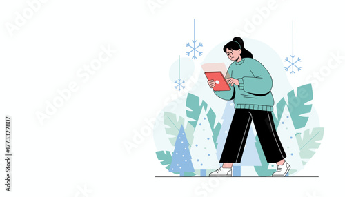 Illustration of a busy person using digital technology for winter online shopping