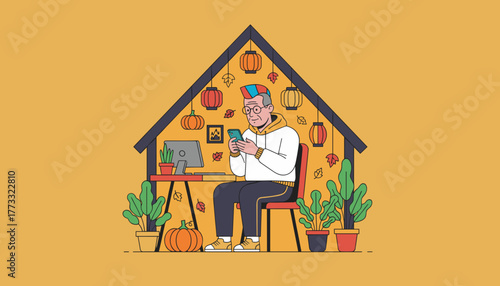 Senior man uses phone at home desk in cozy fall setting connectivity remote work digital lifestyle