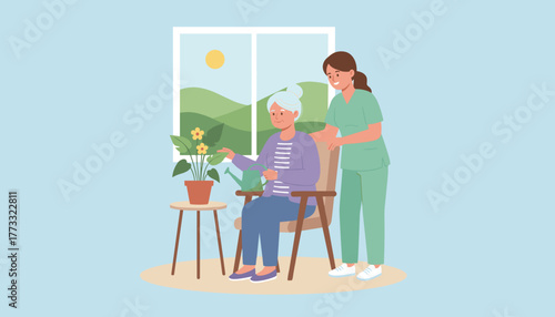Friendly nurse assists senior woman watering her plant indoors Health care and retirement living