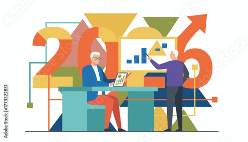 Senior executives analyzing business growth strategy for 2016 Financial presentation flat vector illustration