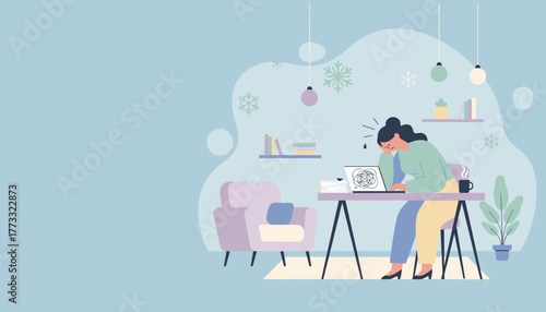 Burnout illustration Stressed woman experiencing mental overload while working remotely in her home office