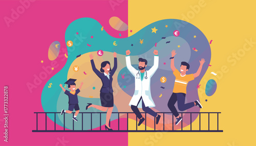 Diverse people celebrating success career achievements and financial freedom with confetti and currency symbols