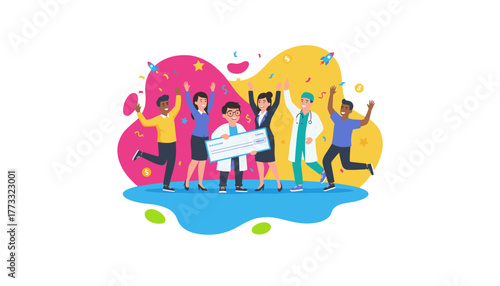 Diverse team celebrates major achievement holding giant check for financial reward or donation