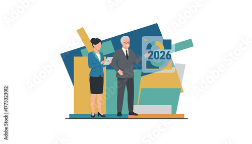 Corporate team analyzing 2026 projection data visualization