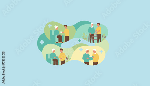 Elder care concept showing assistance with reading tea and walking Multigenerational support