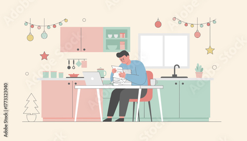 Stressed man reading financial documents and bills while working from home during the holidays