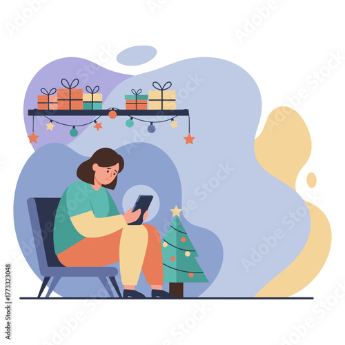 Lonely woman uses smartphone experiencing Christmas sadness and social isolation