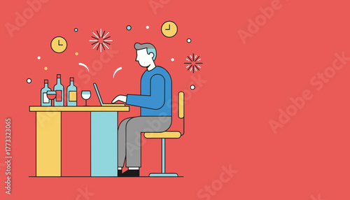 Line art Man works on laptop near celebratory drinks theme of working late or remote office party