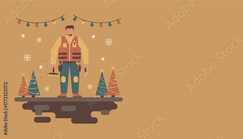 Professional worker illustration celebrating Christmas with tools lights and trees on a tan background
