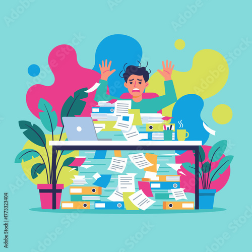 Overworked employee panicking buried under a mountain of office paperwork and folders Burnout concept