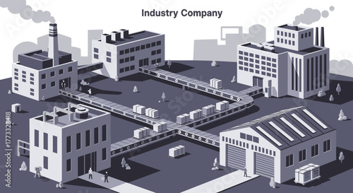 Monochrome illustration of industrial company production and logistics using conveyor belts