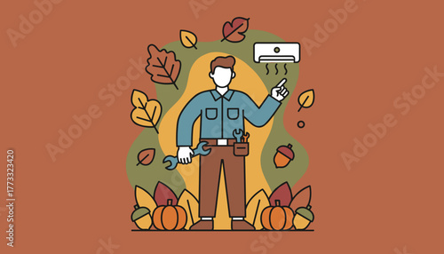 Technician repairing AC unit during autumn HVAC service and seasonal maintenance illustration