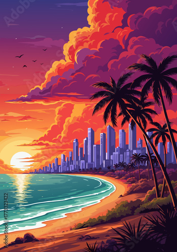 A stunning digital art illustration of a tropical sunset over a city skyline beach with silhouetted palm trees and vibrant clouds