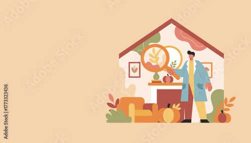 Scientist examining houseplant with a magnifying glass in a warm abstract interior illustration