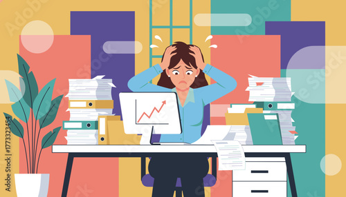 Office stress and burnout Woman overwhelmed by paperwork and massive workload at her desk