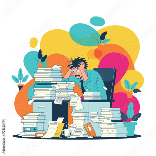 Overwhelmed worker buried under stacks of papers symbolizing stress bureaucracy and deadlines
