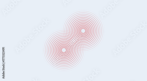 Two overlapping circles create a mesmerizing wave pattern with delicate pink lines on a soft blue background, suggesting unity and interconnectedness through abstract design