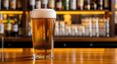 Wallpaper Mural Freshly Poured Golden Lager with Frothy White Head Standing on a Wooden Bar Counter for Restaurants and Pub Advertising 110 Torontodigital.ca