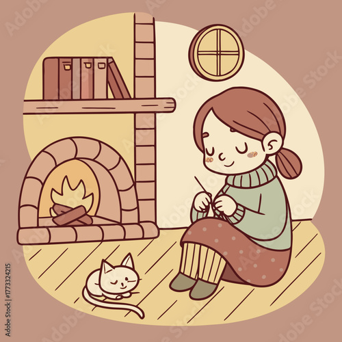 A cozy scene of a woman knitting by the fireplace with her cat nearby