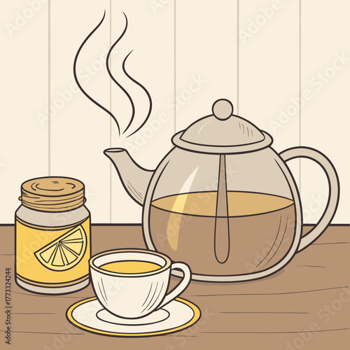 A cozy tea time illustration with teapot, cup, and lemon preserve jar