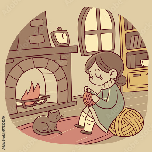 A woman knitting by the fireplace with a cat and yarn ball indoors