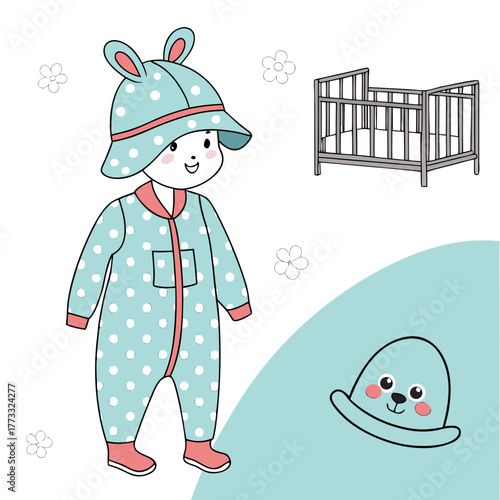 Baby in polka dot pajamas with crib and hat
