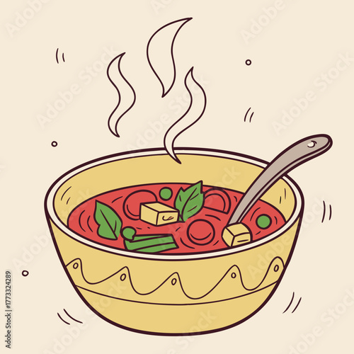 Bowl of hot soup with vegetables and tofu