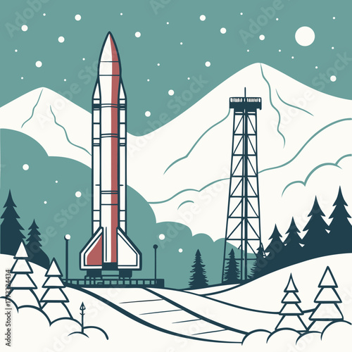 Rocket on launchpad in snowy mountains