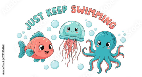 Cute sea creatures swimming with bubbles, reminding you to just keep swimming