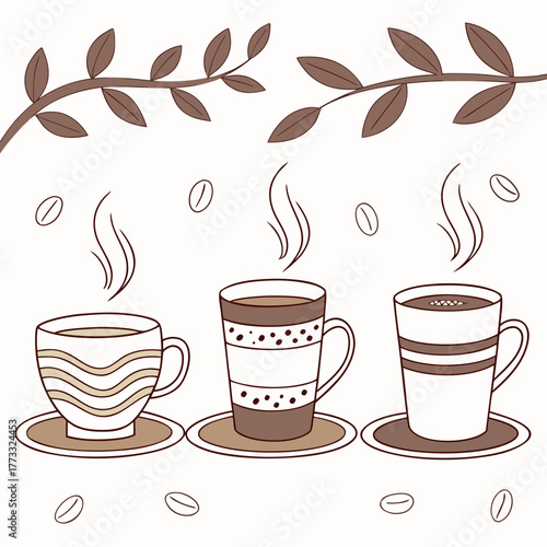 Three cups of coffee with coffee beans