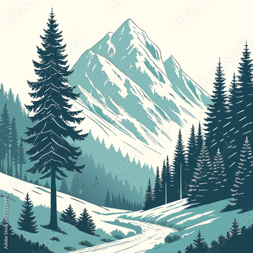 Snowy mountain landscape with evergreen trees and winding path in winter