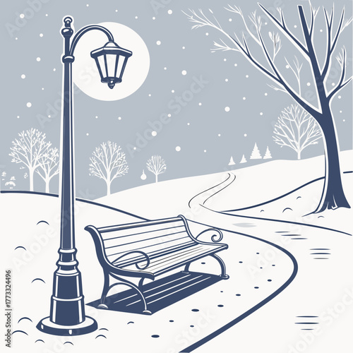 Winter park scene with a bench and lamppost under the moonlight