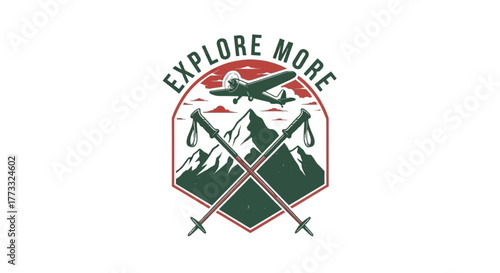 Explore more emblem with airplane and mountains, ski poles crossed in front
